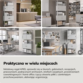 Regał na segregatory z szafką zamykaną, biurowy, otwarte półki, metalowy szary, 800x2200x400 mm: ARIEL