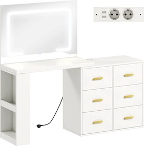 HOMCOM Toaletka z regulowanym lustrem LED, gniazdka, 6 szuflad, 2 otwarte półki, biały