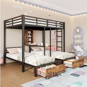 Łóżko piętrowe dziecięce 3 miejsca - 140 x 200 cm + 2 x 90 x 200 cm - z 2 szufladami - Metal + MDF - czarne