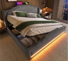 Łóżko tapicerowane 140 x 200 cm - z funkcją ładowania USB i LED u stóp łóżka - Szare