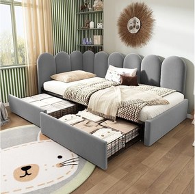 Łóżko tapicerowane dla dzieci z pojemnikiem - 90 x 190 cm - z 2 szufladami + stelaż - sofa rozkładana - welur - szary