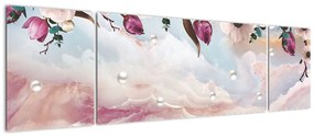 Obraz różowych kwiatów z różowym marmurem (170x50 cm)