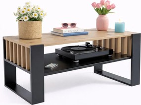 Stolik Kawowy Nowoczesny Czarny Z Lamelami + Dąb 200 X 170 Cm H8-P69