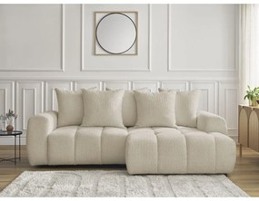 Beżowy rozkładany/ze schowkiem narożnik z materiału bouclé (prawostronny/z szezlongiem) Roxelane – Bobochic Paris