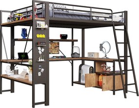 Łóżko na antresoli 140x200 cm - Konstrukcja stalowa - Oświetlenie LED - Biurko z półką - Port USB - Czarny​ (materac nie jest wliczony w cenę)