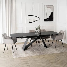 Zestaw Stół Prostokątny Rozkładany VICTOR 160-240 cm Czarny Marmur i 4 Krzesła MODESTO Szare Welurowe Nowoczesne