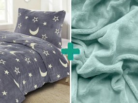 PrzytulneMieszkanie.pl PrzytulneMieszkanie.pl PrzytulneMieszkanie.pl Świecąca pościel z mikropluszu BIG MOON szara + prześcieradło z mikropluszu SOFT 90x200 cm miętowe