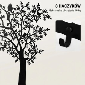 HOMCOM Wieszak ścienny, Montowany na ścianie haczyk na ubrania, Design drzewa z ptakami, Czarny