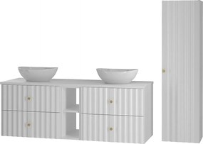 Biały Zestaw Łazienkowy 140cm Szafka z Blatem Umywalka Regał Słupek Ryflowane Fronty Aqua