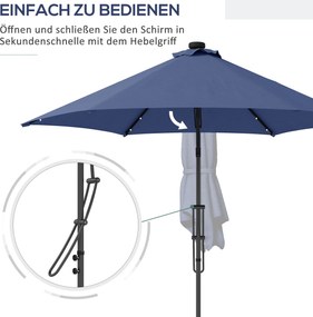 Outsunny Parasol ogrodowy, parasol z lampkami LED, modułem słonecznym, odporny na pogodę, z pokrowcem, Ø290 x 260 cm, Granatowy