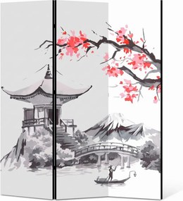 Parawan pokojowy 3-częściowy 135x172 Dwustronny dekoracyjny japandi Szary Pejzaż Z Pagodą