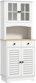 HOMCOM Kuchenna szafka z drzwiami szklanymi, 2 szuflady, szafka na naczynia, szafka do jadalni, drewno, 68 x 39,5 x 170 cm, biały