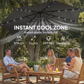 Outsunny Parasol ogrodowy LED Solar Ø300 cm, obrotowy z korbą, stojakiem i pokrowcem, ciemnoszary | Aosom PL