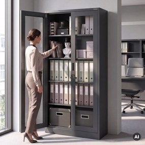 Witryna przeszklona metalowa wysoka z zamkiem antracytowa, 900x1850x400 mm: AMELIA