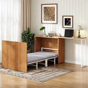 Łóżko składane z obrotowym biurkiem i materacem - 90 x 200 cm - na kółkach - drewno + metal - naturalne