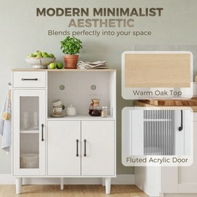 HOMCOM Kredens kuchenny z szufladą, 2 szafkami, otwartą półką, prążkowanymi drzwiami z akrylu 80 x 34 x 91 cm Biały + Dąb | Aosom PL