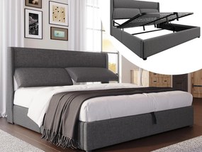 Łóżko tapicerowane ze schowkiem 140x200 cm - z regulowanym wezgłowiem - stelaż listwowy - len - szary (materac nie jest w zestawie)