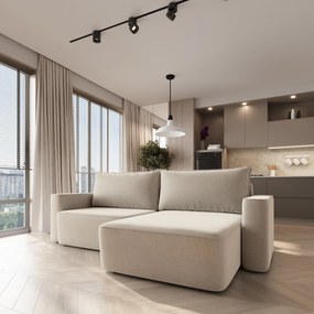 Masseno Narożnik BELISE z funkcją spania i pojemnikiem na pościel Narozniki L, Rozkładana sofa - Kremowy, CASTEL 03