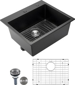 Nowoczesna Zlewozmywak Kuchenny SucceBuy z Granitu 63,5 cm, Zlewozmywak Nastawczy z Dużą Pojedynczą Komorą, Wkładana Komora do Mycia z Wieloma Akcesoriami