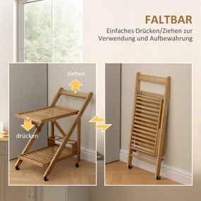 HOMCOM Wózek kuchenny na kółkach, z 3 półkami na wino, 2 tacami, do kuchni, jadalni, drewno bambusowe, jasnobrązowy