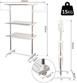 HOMCOM Suszarka na pranie składana z kółkami 3 poziomy regulowana wieszak na ubrania 80-142x55x152 cm | Aosom PL