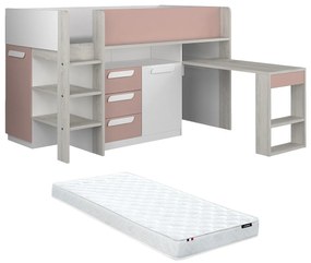 Łóżko na antresoli 90 x 200 cm - Z biurkiem i ze skrzynią - Różowy, biały i naturalny + Materac - LOUKALA