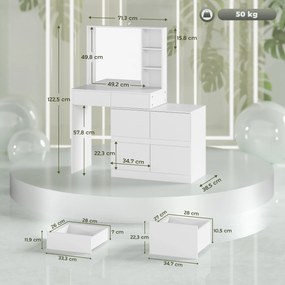 HOMCOM Toaletka, stolik do makijażu z dużym lustrem, 4 szuflady, 3 otwarte przegrody, 2 szafki, MDF, Biały