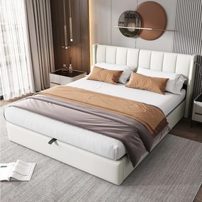 Łóżko binauralne z regulowanym zagłówkiem i schowkiem - 180 x 200 cm - skóra ekologiczna - diody LED i USB - białe (materac nie jest wliczony w cenę)
