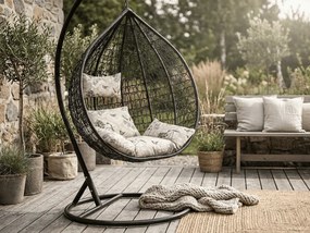 Czarny wiszący fotel KOKON ze stojakiem, beżowa poduszka