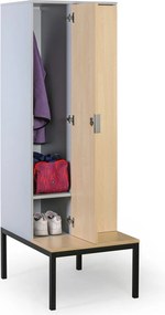 Drewniana szafa ubraniowa S4 z ławką, 4-drzwiowa, 1871 x 1200 x 500/800 mm, demontaż, zamek RFID, szary/czerwony