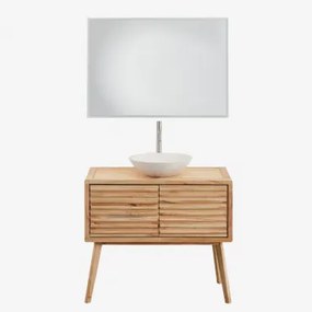 Zestaw Mebli Łazienkowych Z Drewna Deleyna Naturalna & Cement Okrągły Biały Ø40 Cm Zavion & Prostokątna Lampa Led - Sklum
