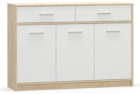 Komoda Trzydrzwiowa z Szufladami do Salonu DEW 123 cm Dąb sonoma/biała Nowoczesna