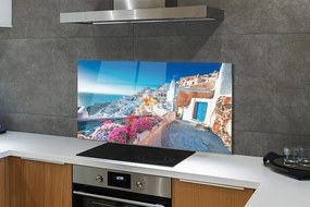 Szkło do Kuchni na Ścianę Biała Architektura i Kwiaty Grecji