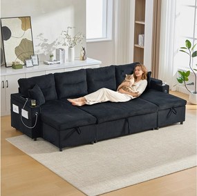 Sofa 4-osobowa z szezlongami ze schowkiem - 272 x 136 x 86 cm - z uchwytami na kubki + port USB + wysuwane łóżko - aksamit - czarny