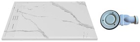 Brodzik płaski posadzkowy lub wpuszczany w posadzkę do przycięcia z żywicy SMC z syfonem - Biały z efektem marmuru - 140 x 90 cm - LYROSA