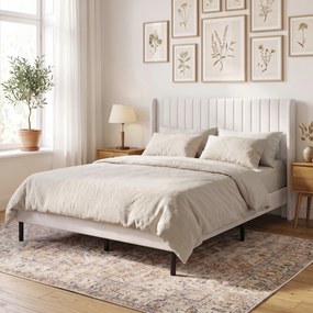 HOMCOM Rama łóżka 140 x 200 cm z regulowanym wezgłowiem, łóżko tapicerowane z 12 listwami, beżowe | Aosom PL