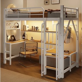 Łóżko piętrowe 90 x 200 cm z biurkiem, półkami, szafą i ścianką perforowaną – Metal i MDF – LED + USB – Białe (Materac nie jest wliczony w cenę)