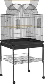 PawHut Mobilna klatka dla kanarków i falistych, z dolną półką, metalowa siatka, Czarna