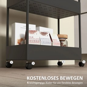 HOMCOM Wózek kuchenny z 4 półkami, 4 elastycznymi hakami, 4 kółkami, 40 cm x 19 cm x 90 cm, Wózek do niewielkich przestrzeni, Czarny