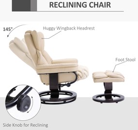 HOMCOM Fotel wypoczynkowy z Hockerem obrotowy do 160 kg ekoskóra rama metalowa kremowy | Aosom PL