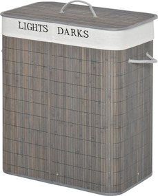 HOMCOM 100L Kosz na pranie z 3 uchwytami, z pralnym workiem na pranie, Bambus, Poliester, Bawełna, Metal, 52 x 32 x 63 cm, Szary
