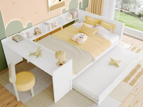 Łóżko podwójne dla dzieci 140x200 cm - Z biurkiem - Z łóżkiem wysuwanym - Z stelażem na listwy - Drewno lite - Białe (bez materaca)