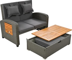 2-osobowa rozkładana leżanka ogrodowa z żywicy wiklinowej - stolik nocny - fotel wypoczynkowy - szary