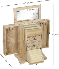 HOMCOM Szkatułka na biżuterię, organizer, 4-poziomowy układ, z wbudowanym lustrem, drewno, brązowy