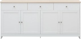 Biała komoda z 4 drzwiami i 3 szufladami, blat imitujący drewno, metalowe uchwyty - do salonu lub jadalni
