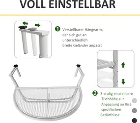 Outsunny Stół Wiszący Balkonowy Półokrągły Regulowana Wysokość Metalowy Biały Ø30cm 60x45x50cm | Aosom PL