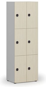 Drewniana szafka skrytkowa S4, 6 schowków, demontaż, zamek kodowy, szary/brzoza