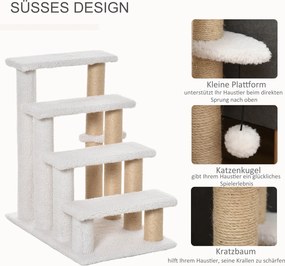 Drabinka dla Zwierząt z Piłeczką i Drapakiem PawHut, 4-stopniowa, Pluszowa i Trwała, Biała, Idealna dla Małych i Starszych Zwierząt, 60x40x64 cm