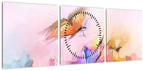 Obraz - Motyl nad kwiatem, abstrakcja (z zegarem) (90x30 cm)