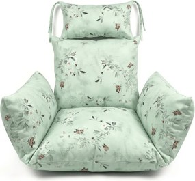 Białe wiszące krzesło KOKON ze stojakiem, jasnozielona poduszka ze wzorem